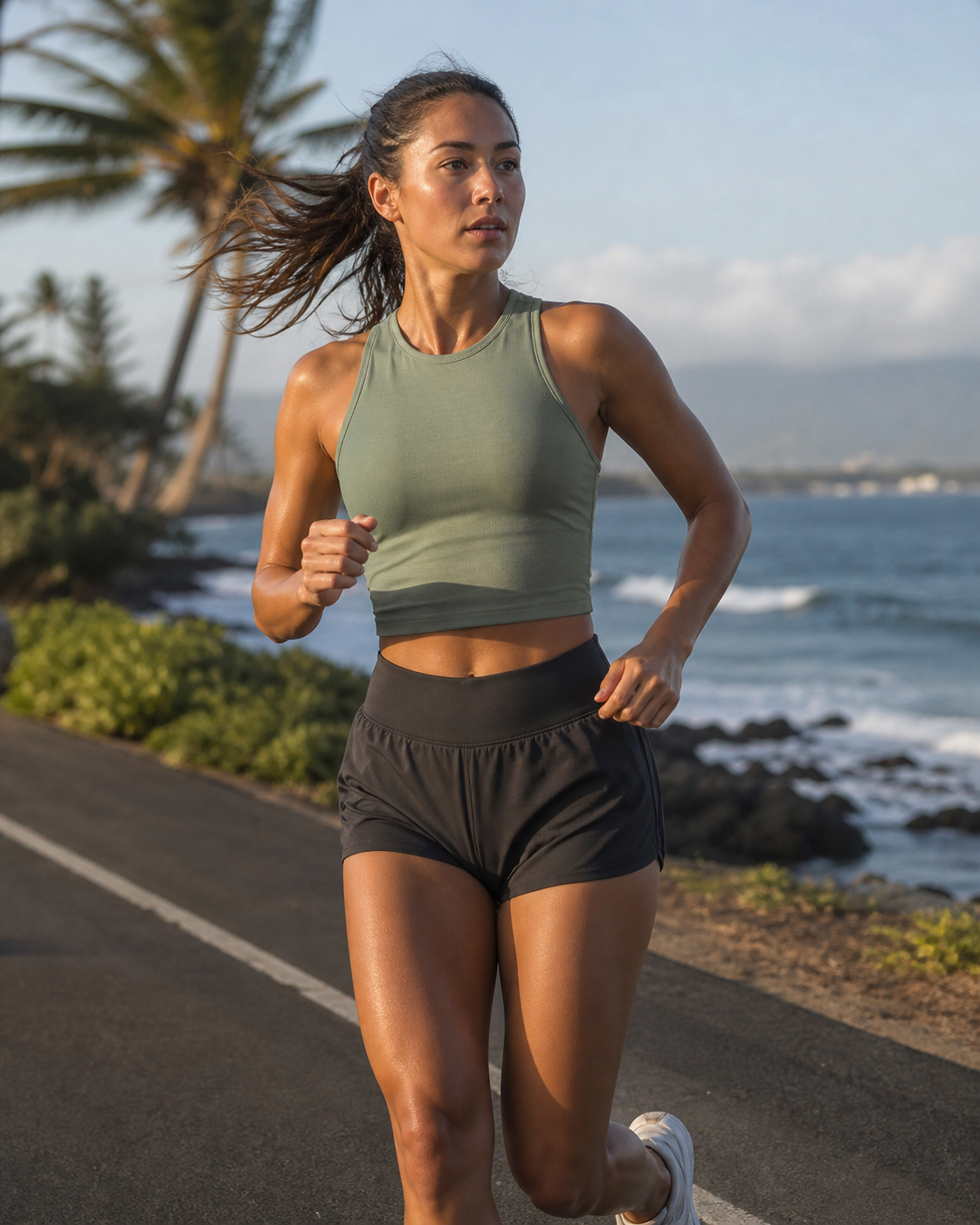 Sage recycled fitted cropped running tank in motion on a coastal run