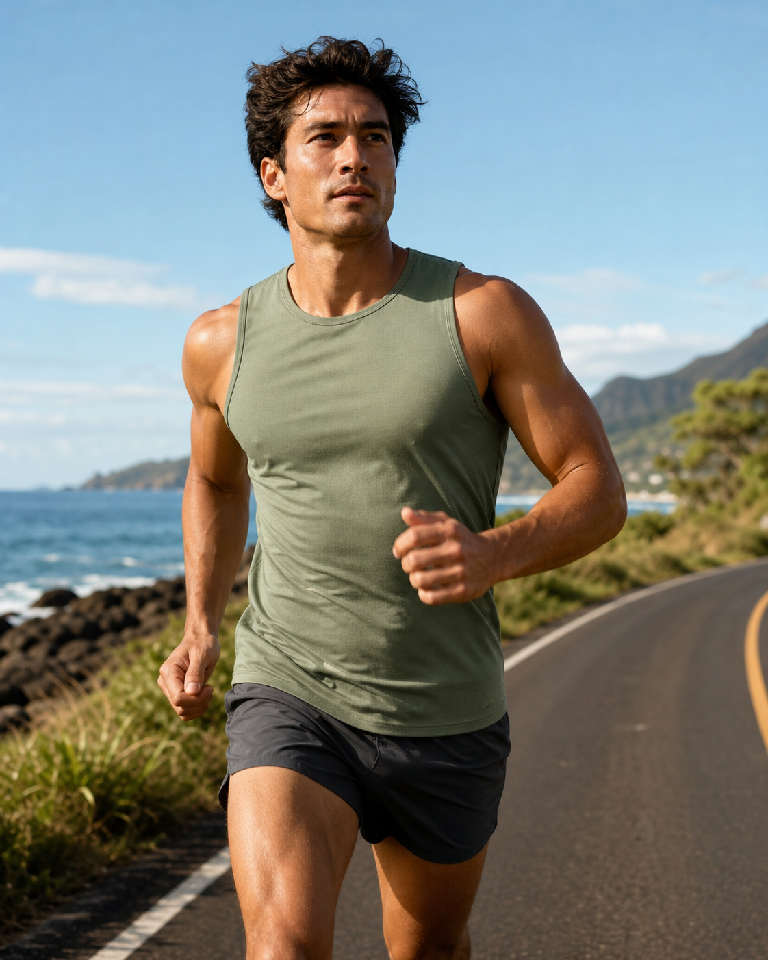 Sage recycled fitted running tank in motion on a coastal run