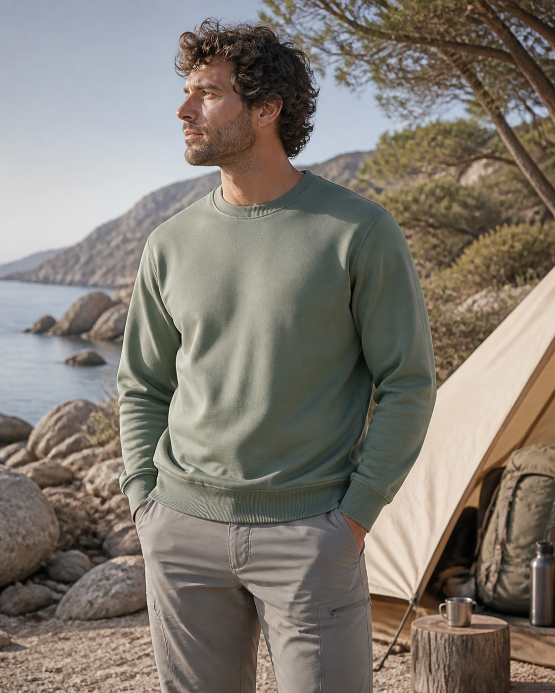 Man wearing a sage recycled rPET crewneck at a coastal campsite