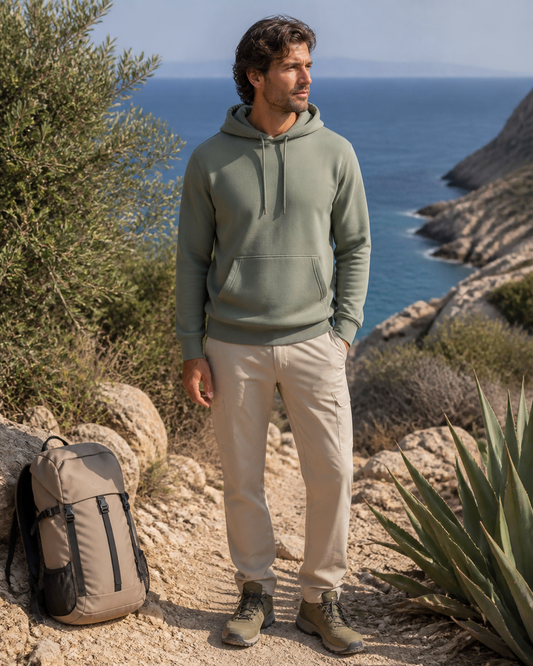 Man wearing a sage recycled rPET pullover hoodie at a coastal trailhead