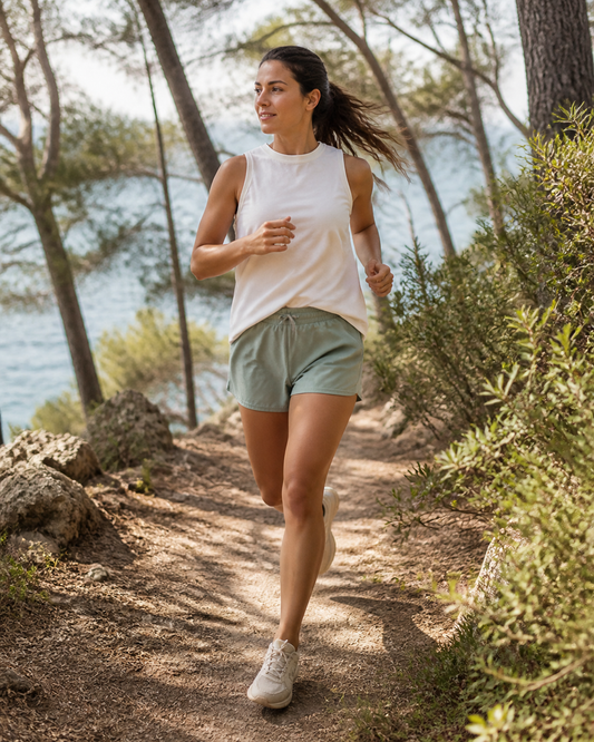 Woman jogging in unlined sage organic cotton running shorts on a wooded coastal trail
