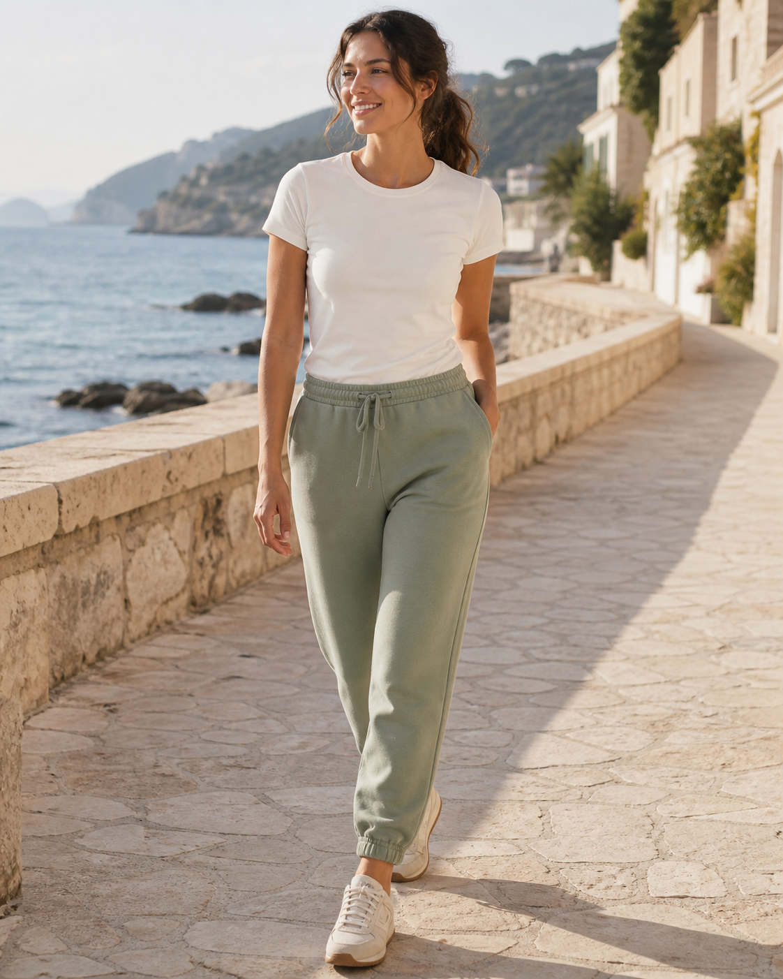 Woman wearing sage organic cotton sweatpants on a sunlit Mediterranean seaside promenade