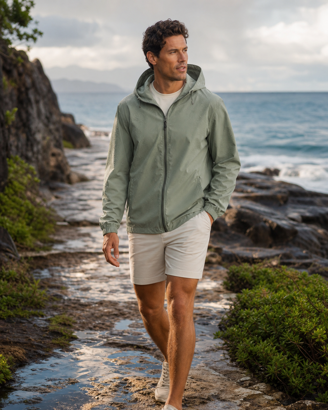 Man wearing a sage water-resistant windbreaker on a rocky coast after rain