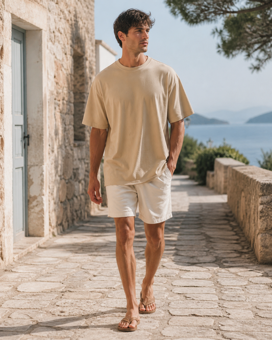 Man wearing a sand classic oversized tee on a quiet coastal village lane