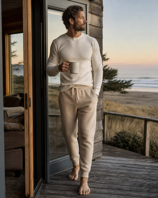 Man wearing sand fleece joggers on a quiet coastal cabin deck