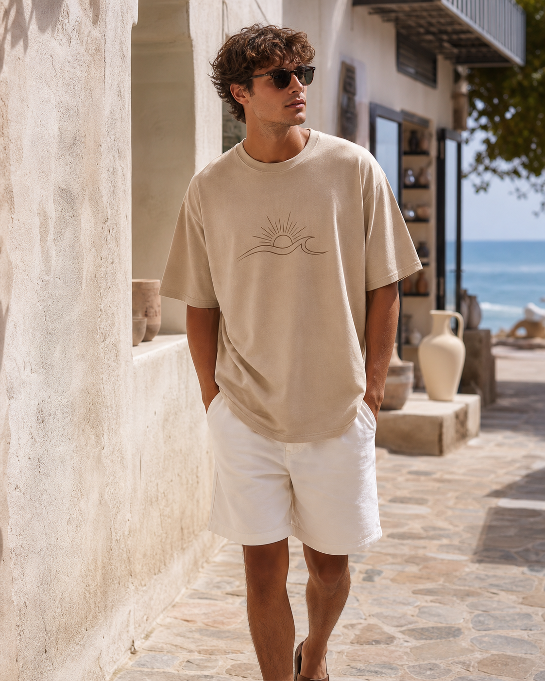 Man wearing a sand graphic oversized tee in a sunlit coastal art district