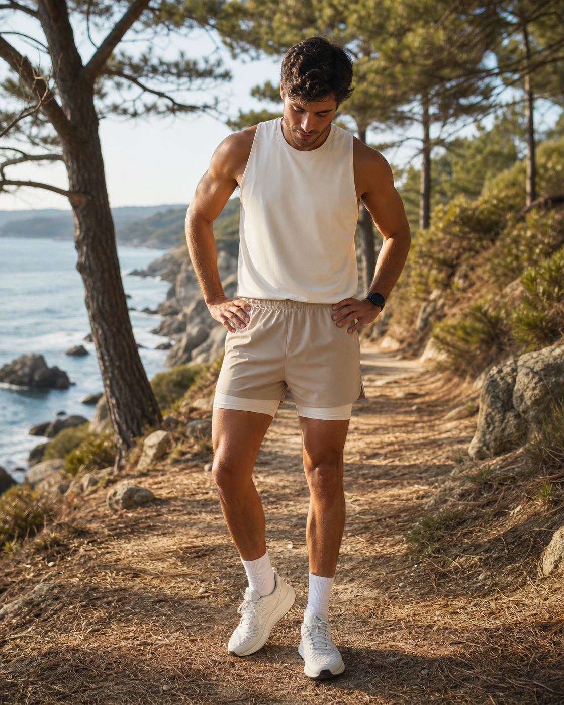 Man wearing sand lined training shorts on a rugged coastal running trail