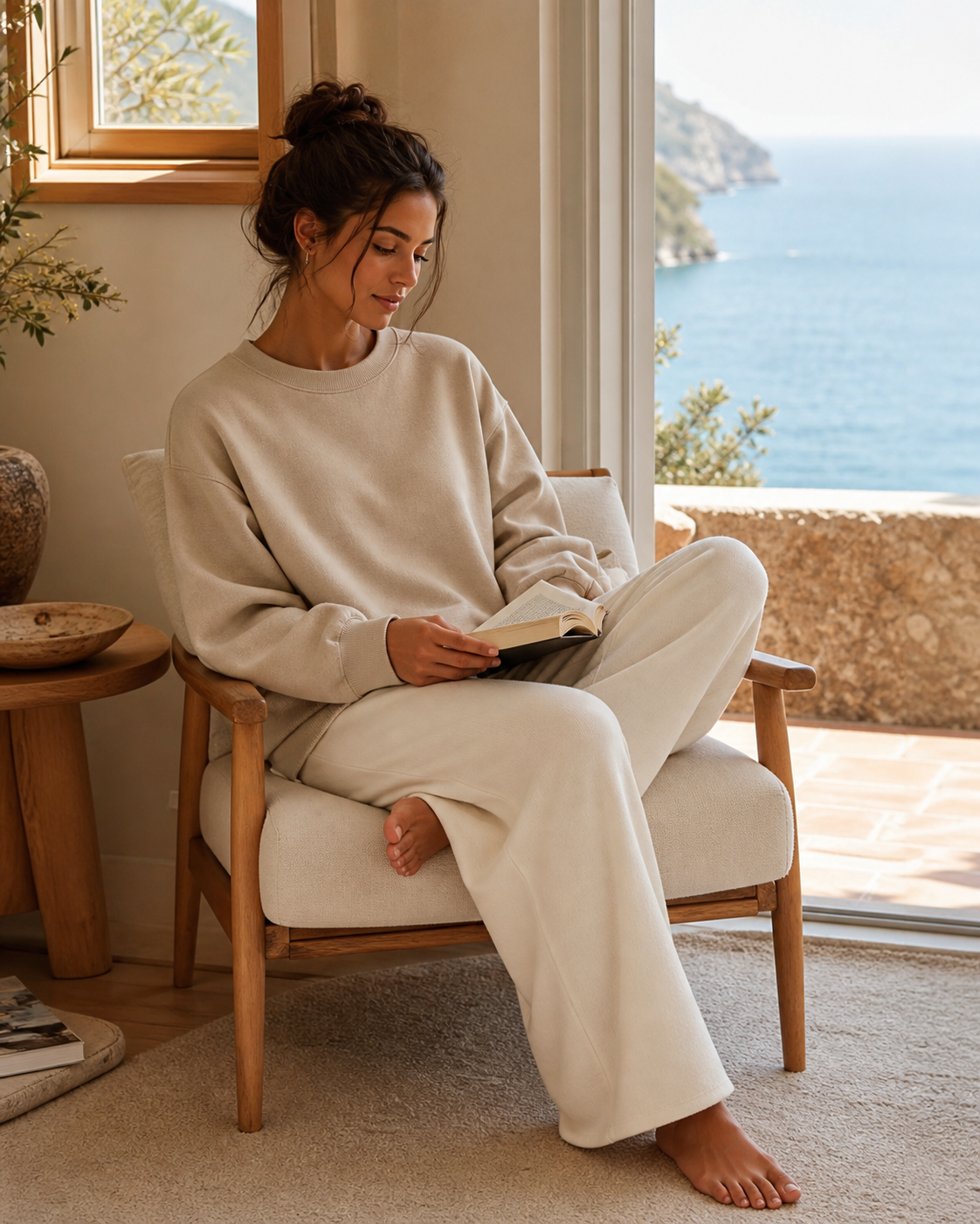 Woman wearing a sand lounge crewneck in a serene coastal reading nook