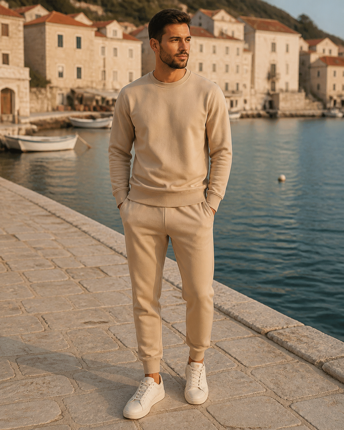 Man wearing a sand matching sweatshirt and jogger set on a coastal harbor promenade