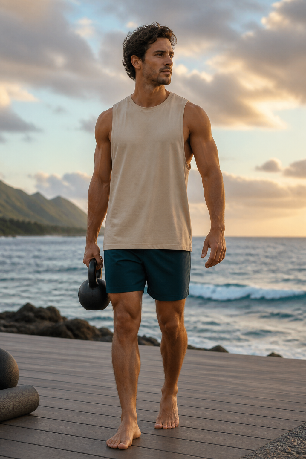 Sand loose-fit organic cotton muscle tank during coastal training