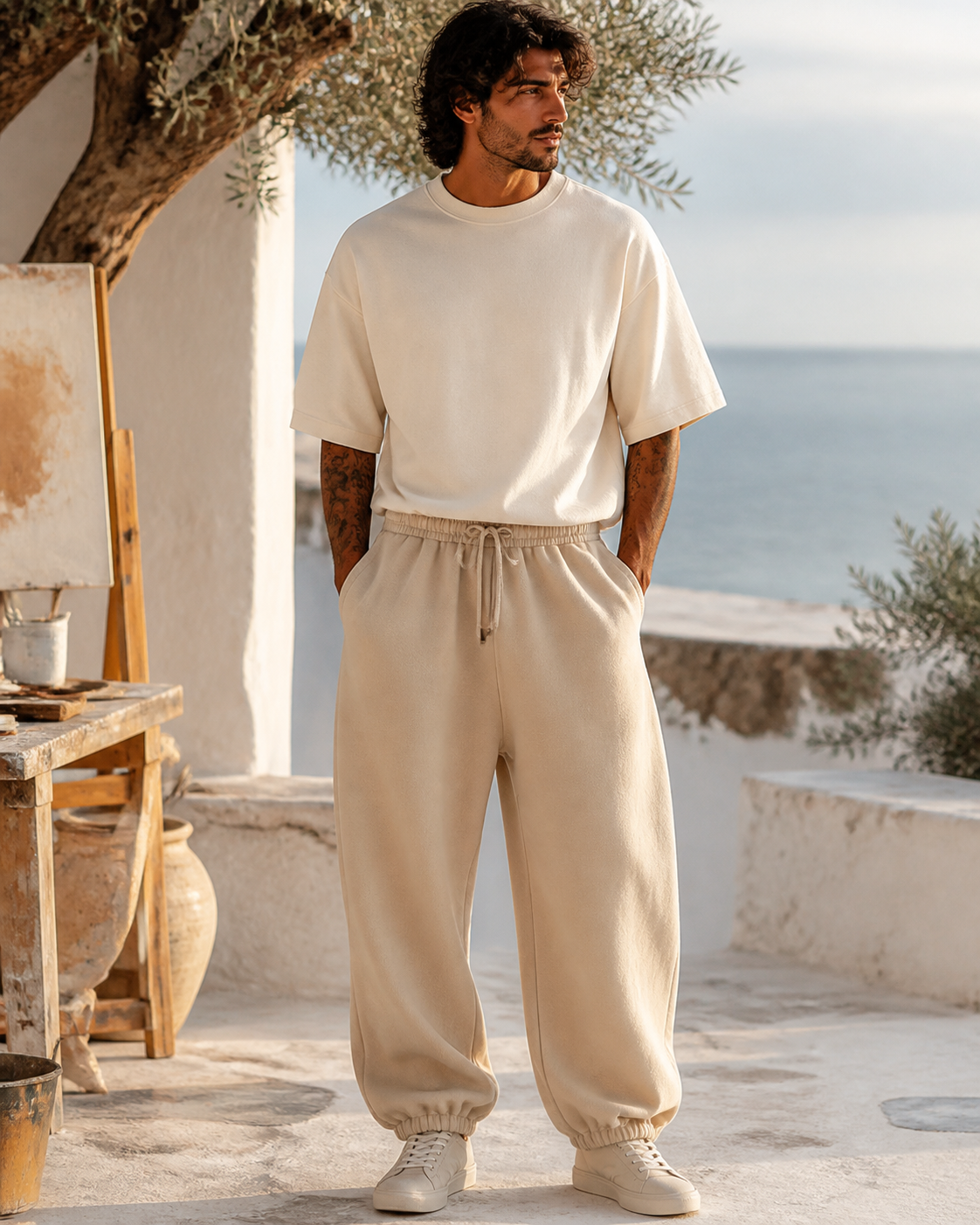 Man wearing sand oversized joggers in a whitewashed coastal artist courtyard