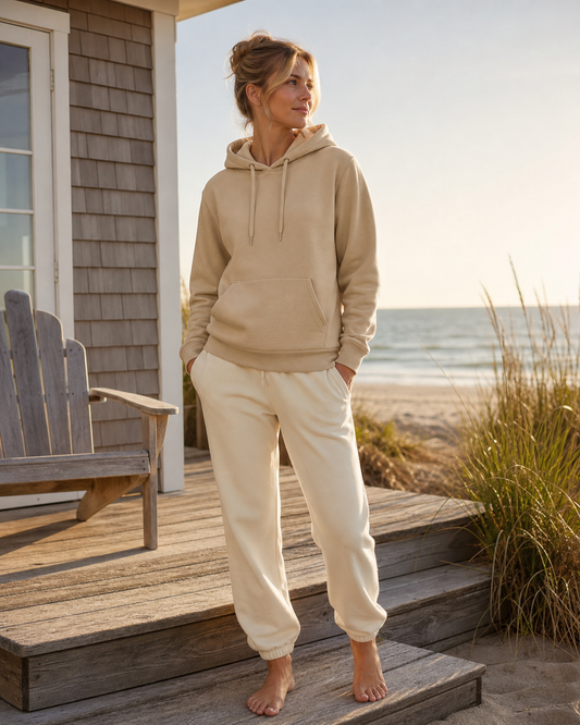 Woman wearing a sand pullover hoodie on a quiet beach house deck at sunrise