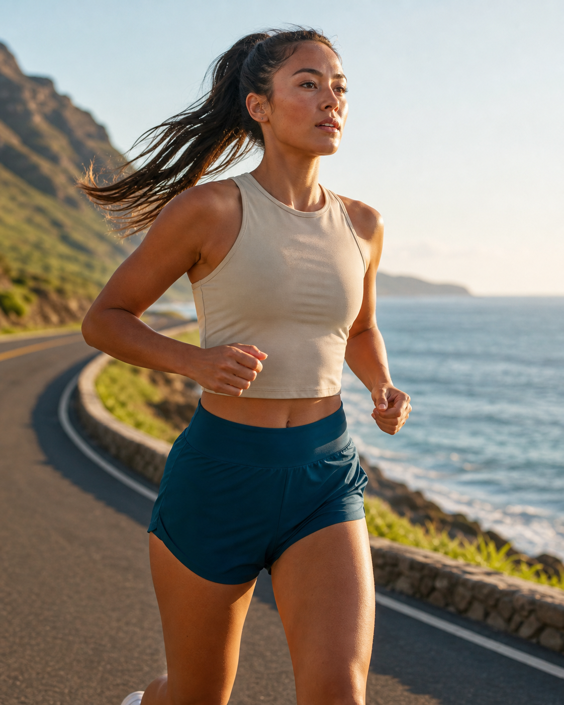 Sand recycled fitted cropped running tank in motion on a coastal run