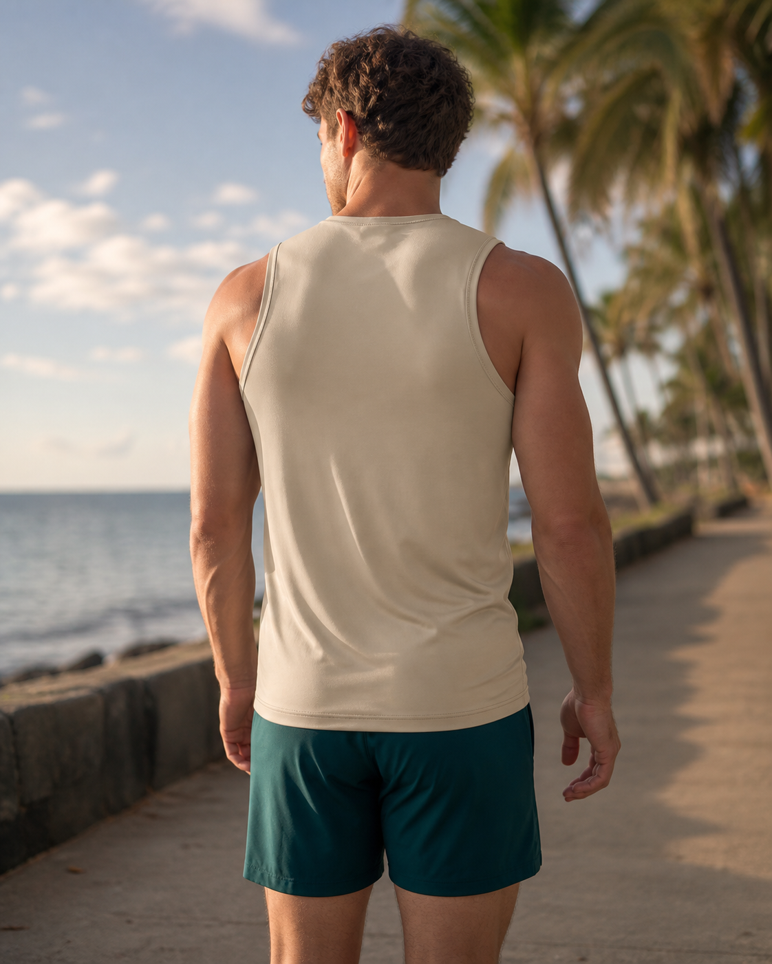 Sand recycled fitted running tank back view on a coastal path