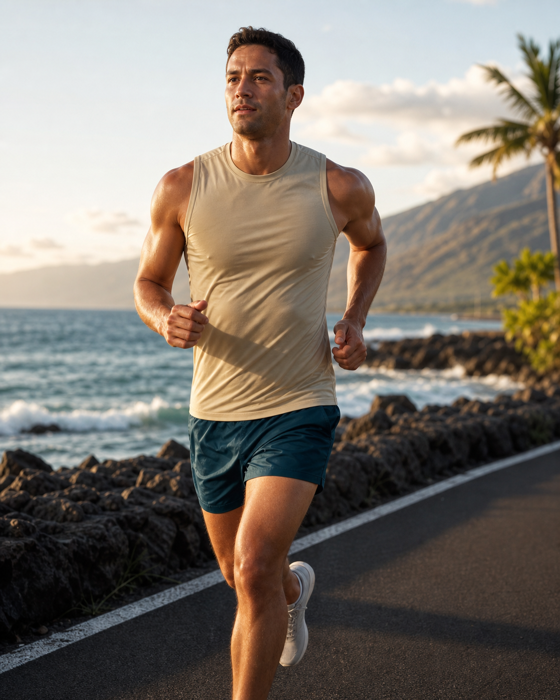 Sand recycled fitted running tank in motion on a coastal run