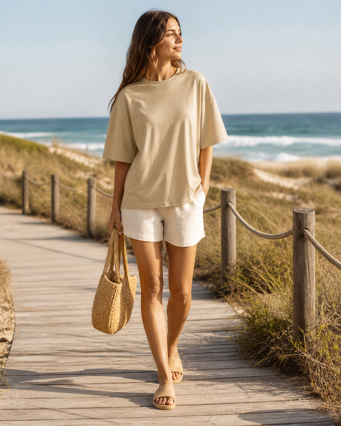 Woman wearing a sand recycled-polyester oversized tee on a restored coastal dune boardwalk