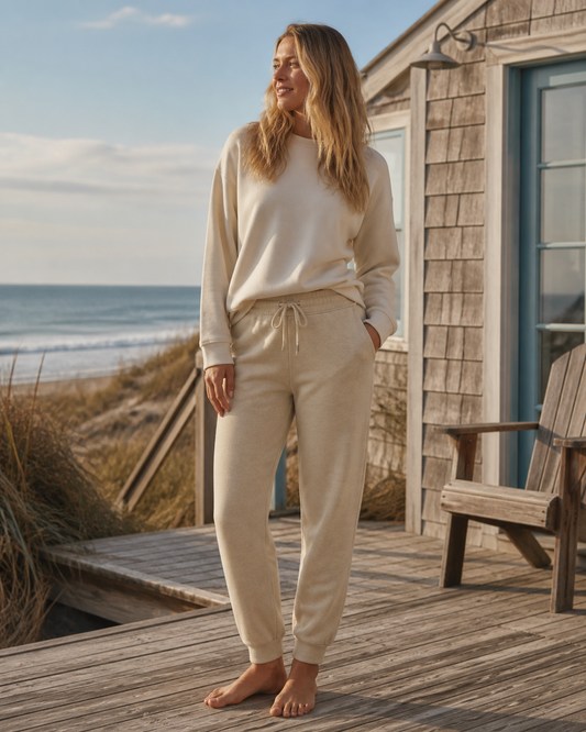 Woman wearing sand sweatpants with pockets on a coastal beach house deck