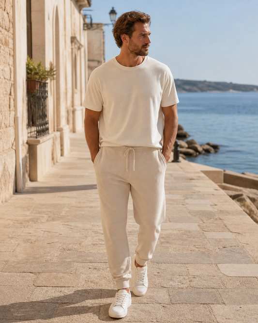 Man wearing sand sweatpants on a quiet Mediterranean seaside promenade