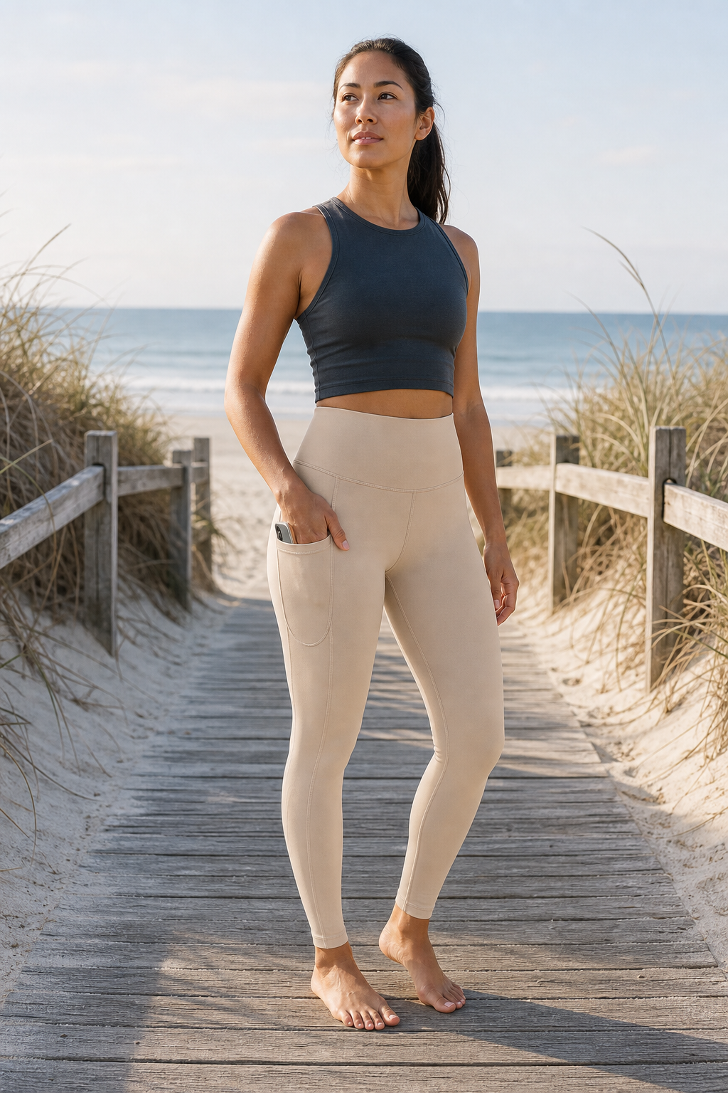 Sand TENCEL Leggings with side pocket worn on a beach boardwalk