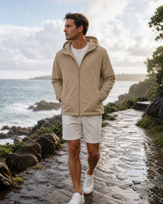 Man wearing a sand water-resistant windbreaker on a rocky coast after rain